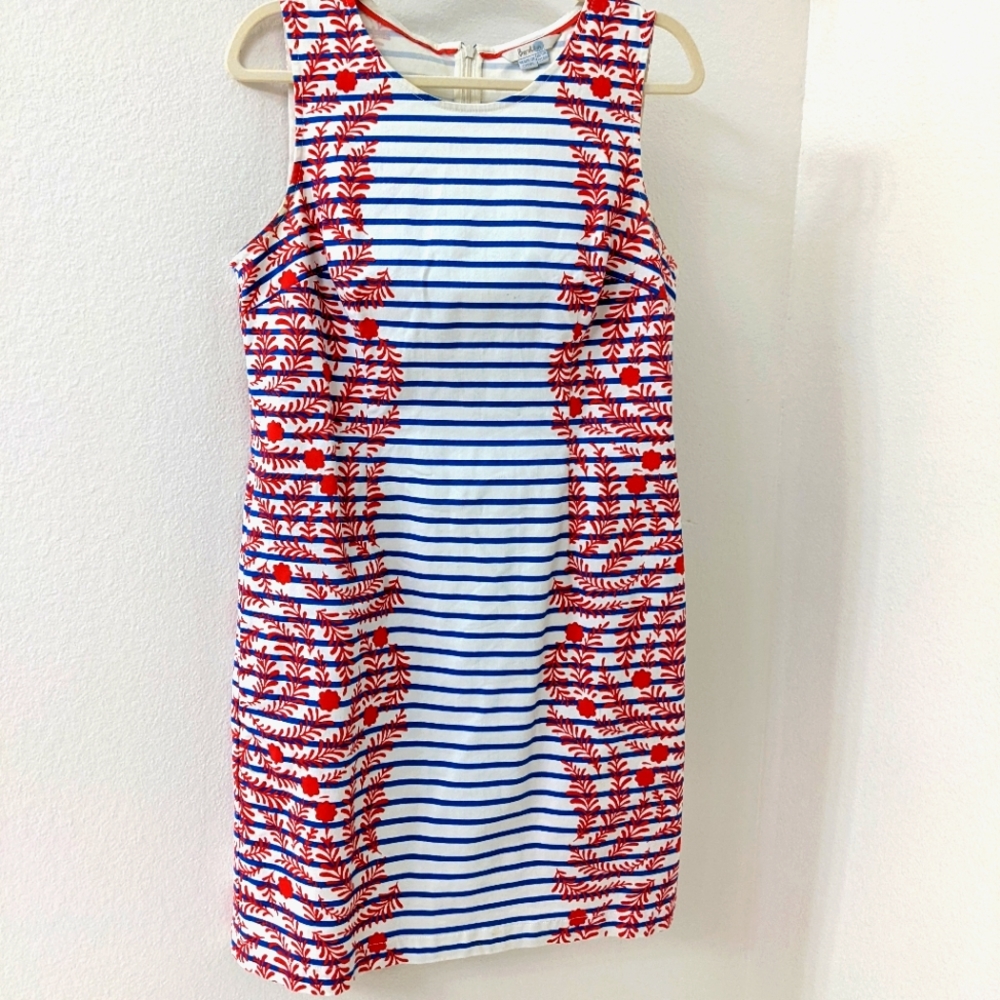 Boden Porto Blue Ivory Red Striped Sleeveless Dress Floral Size 10